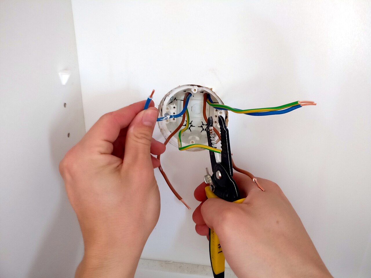 Electrician hands wiring a wall socket box with brown, blue and green-yellow earth conductors